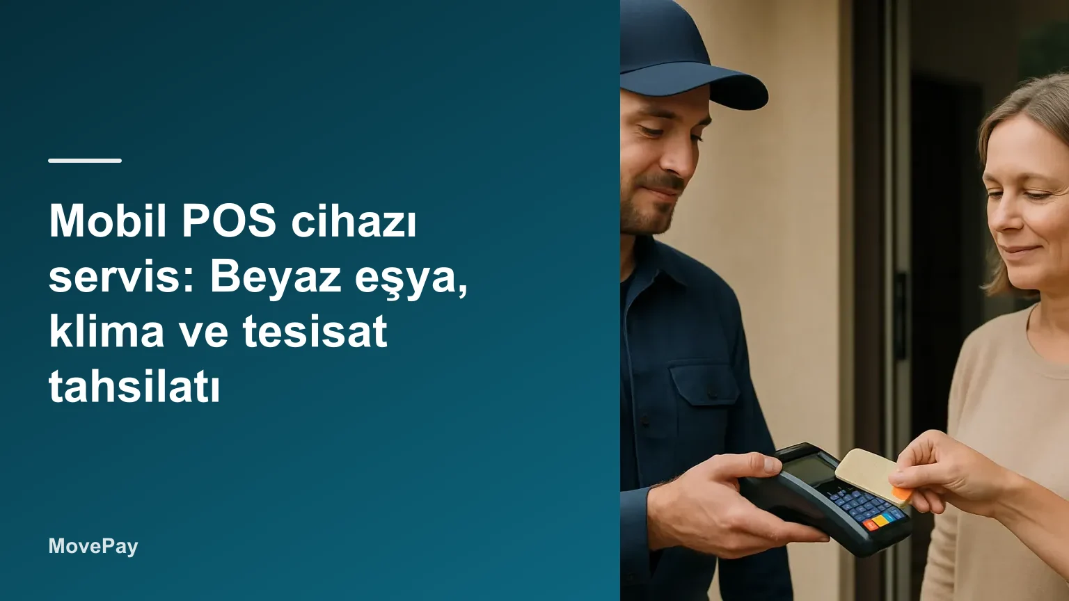 Teknisyen kapıda mobil pos cihazı ile kartla tahsilat yaparken, mobil pos cihazı servis uygulaması görünür