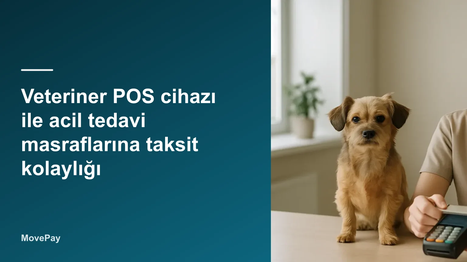 Klinikte pos cihazı ile ödeme işlemi yapan görevli ve tezgâhta bekleyen küçük köpek, veteriner pos cihazı görünür